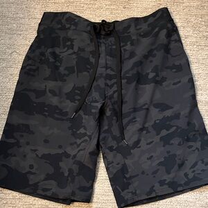 Men's Black Camo Swim Board Shorts with Drawstring Waist